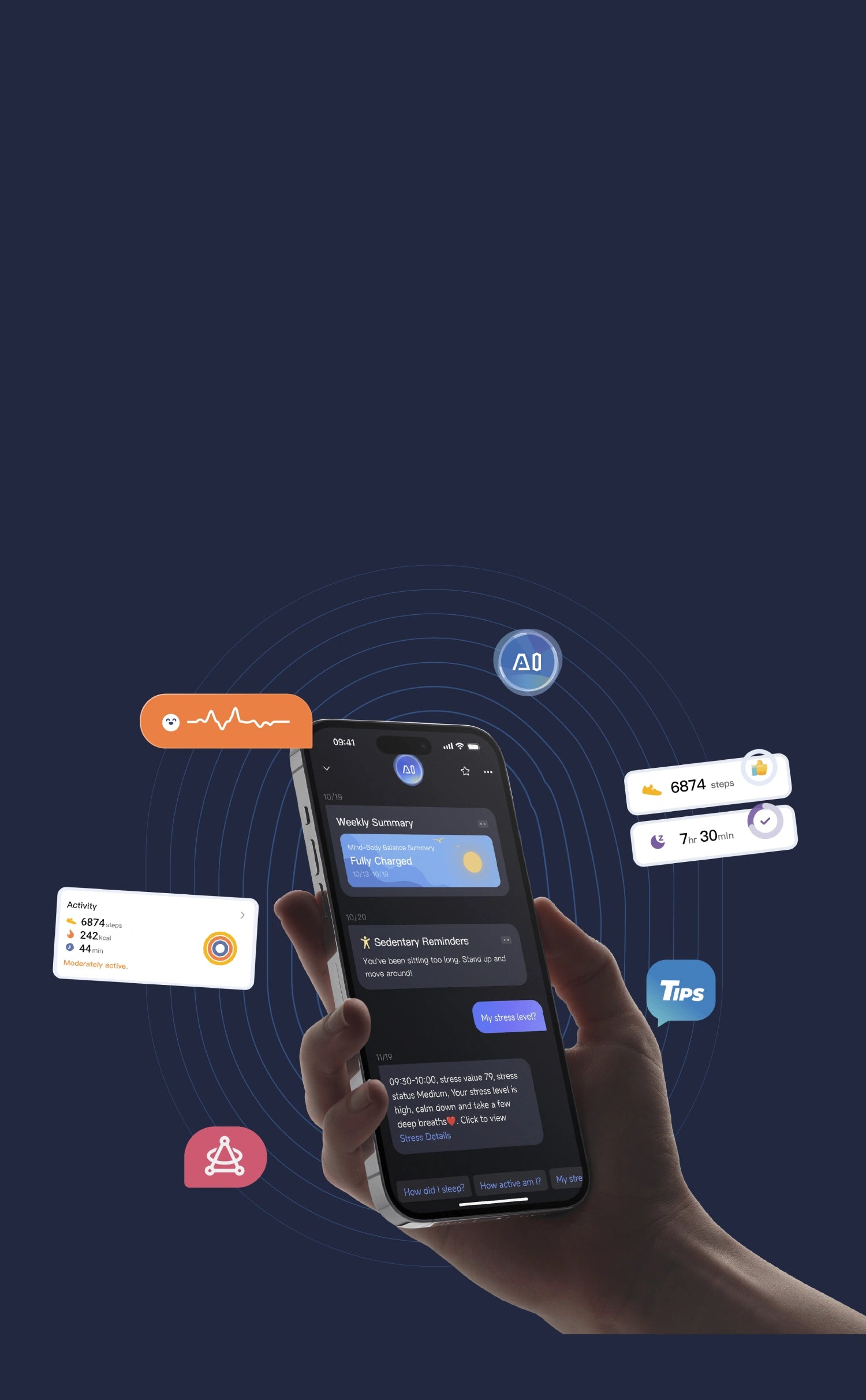 Health tracking app interface on smartphone, showing activity, steps, and stress level reminders.