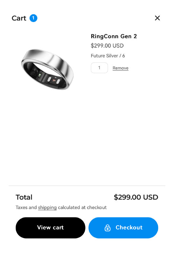 Silver smart ring product view in cart, $299.00 price shown, checkout option.