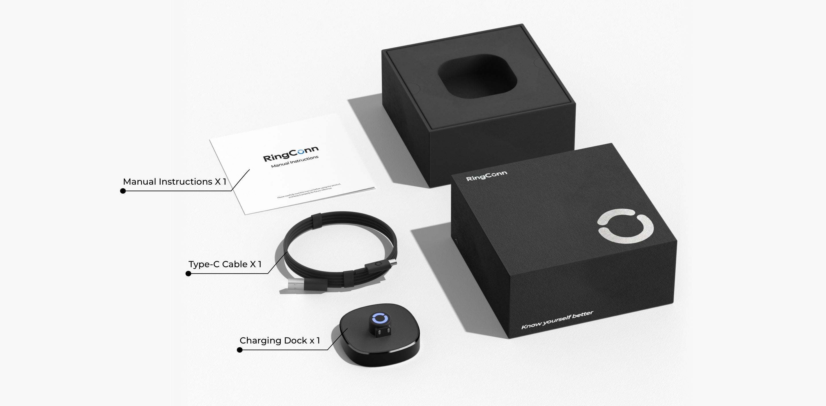 Smart ring accessories: Charging dock, Type-C cable, manual instructions, and a black box with logo