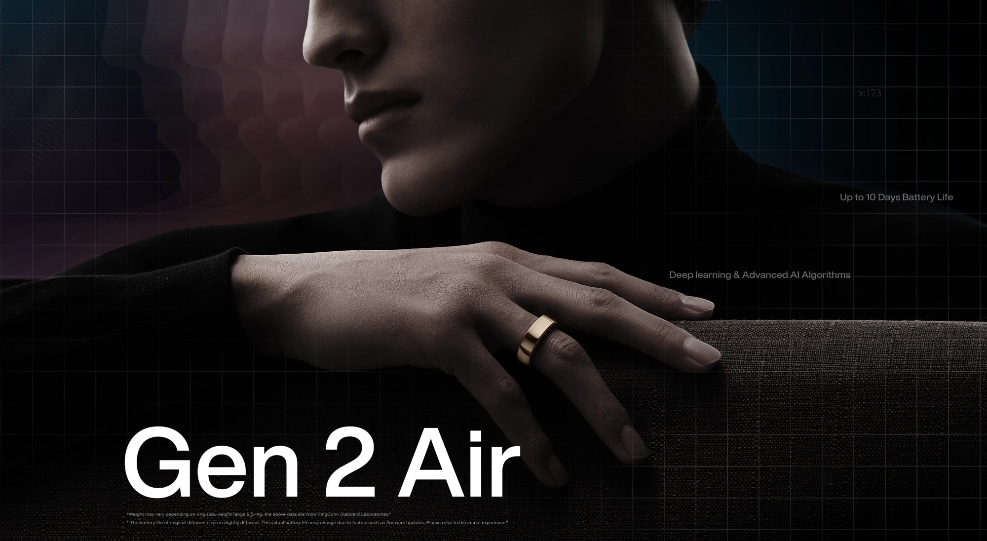 Gold smart ring on a person's finger, Gen 2 Air with up to 10 days battery life