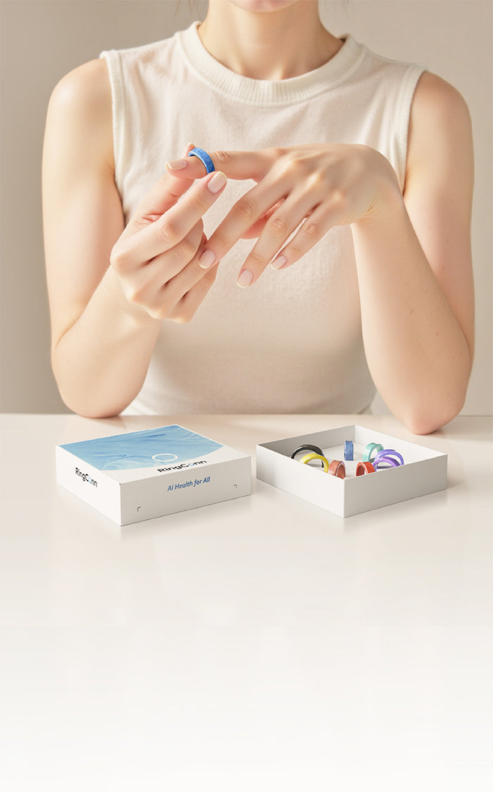 Woman wearing a blue smart ring. AI Health for All product display.