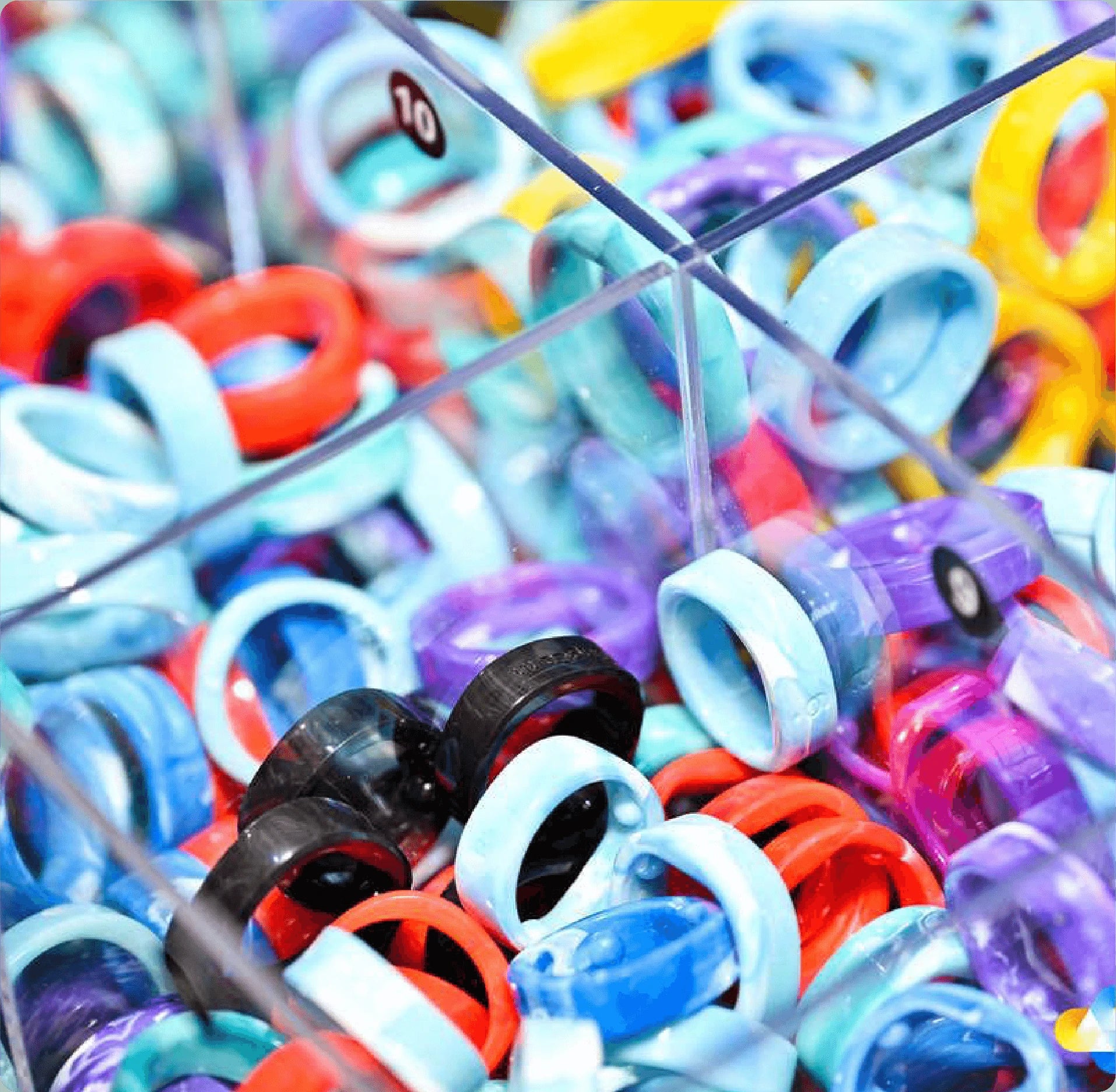Assortment of colorful smart rings in a display, various colors and sizes, some with size indicator