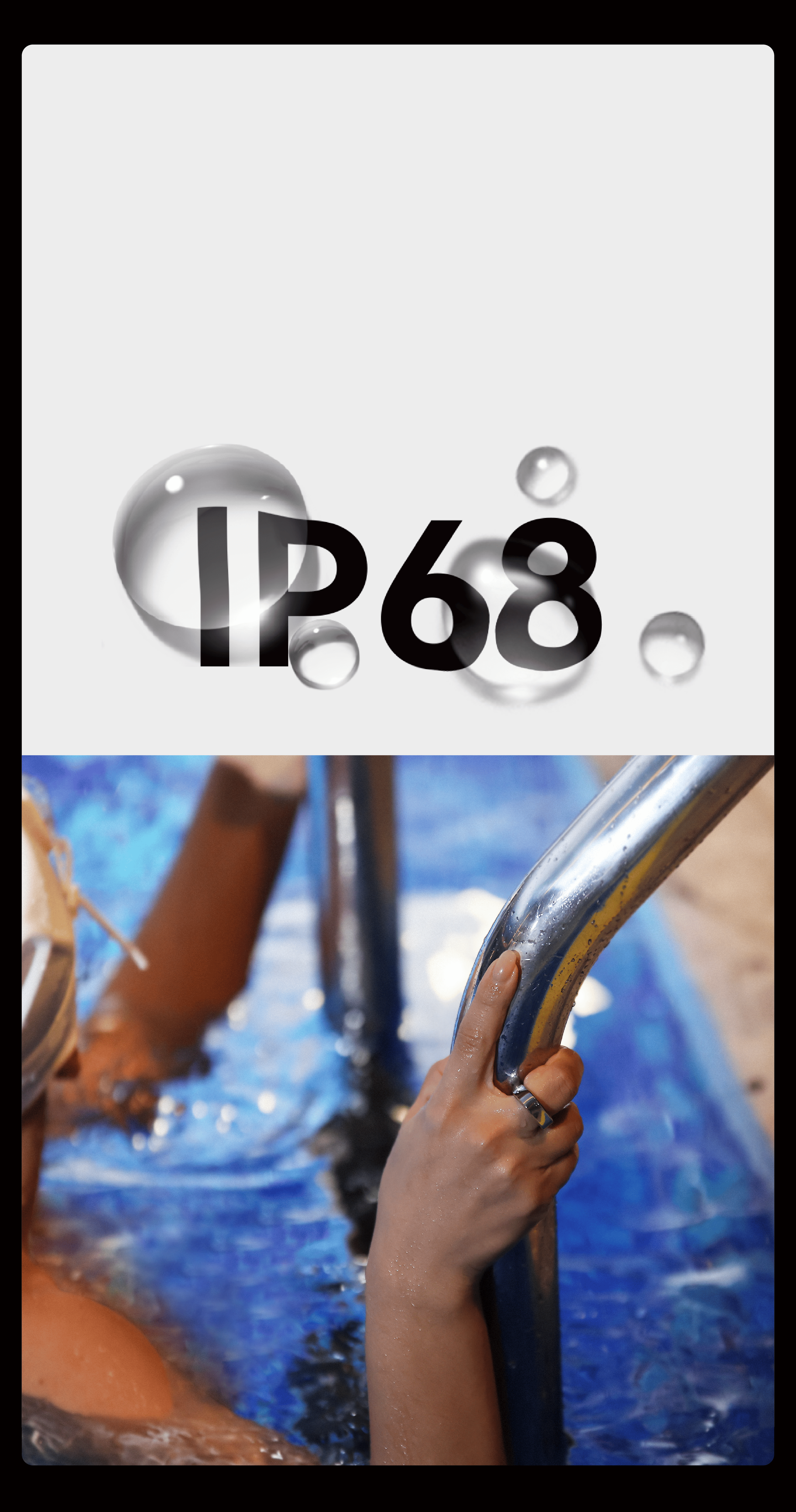 Waterproof smart ring, IP68 rating, woman wearing silver ring in pool