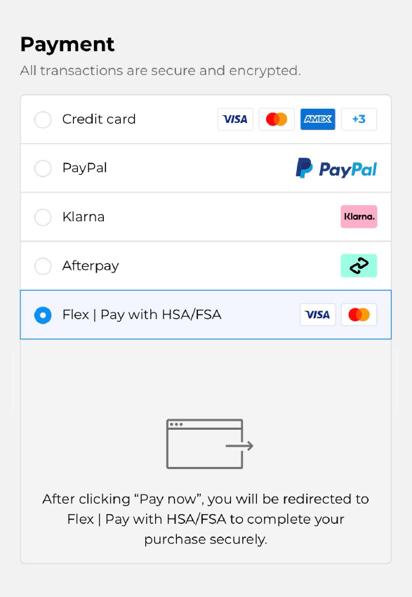 Payment options including credit card, PayPal, HSA/FSA, and Klarna for secure checkout