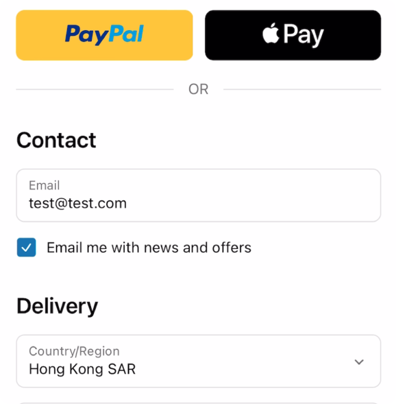 Checkout process with PayPal and Apple Pay options. Contact form with email and delivery address selection.