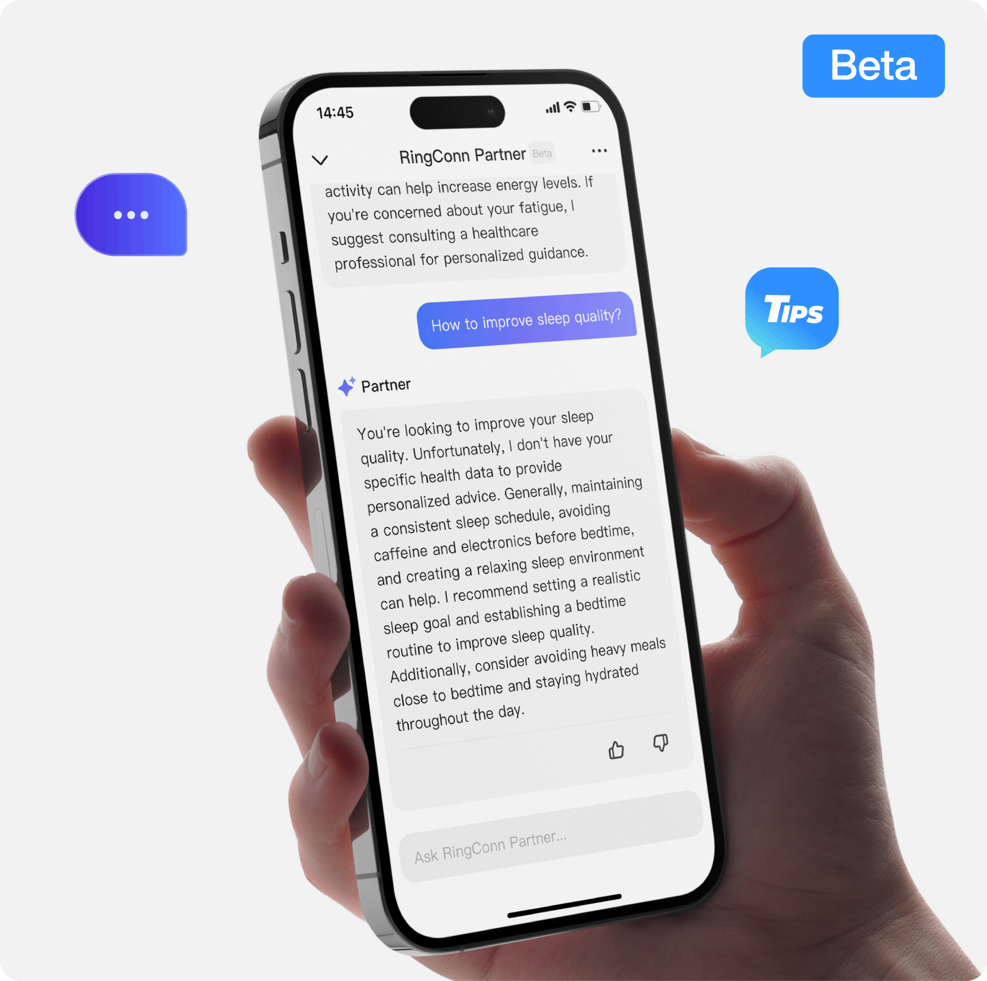 Smartphone with sleep quality tips: advice on bedtime routines, caffeine avoidance, and sleep environment.