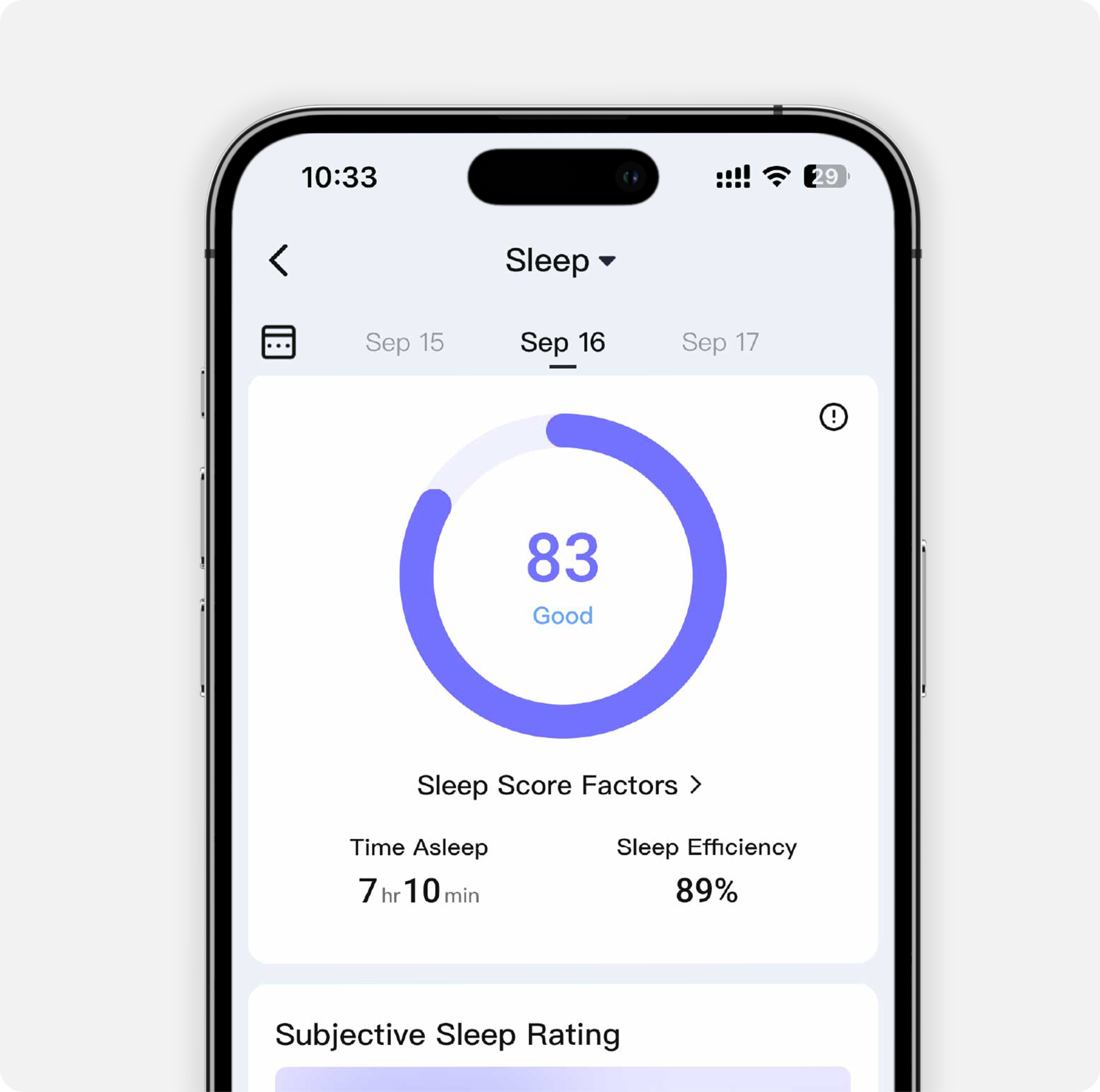 Smartphone screen showing sleep quality data, including sleep score, duration, and efficiency metrics.