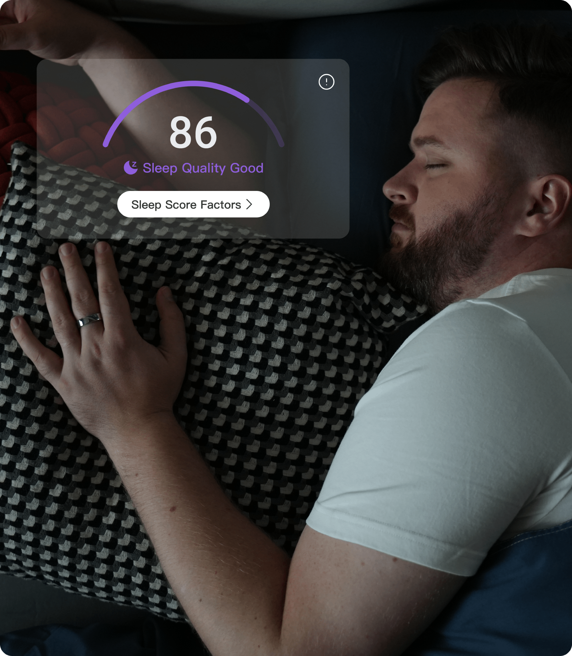 Smart ring tracking sleep quality, showing score of 86, good sleep.