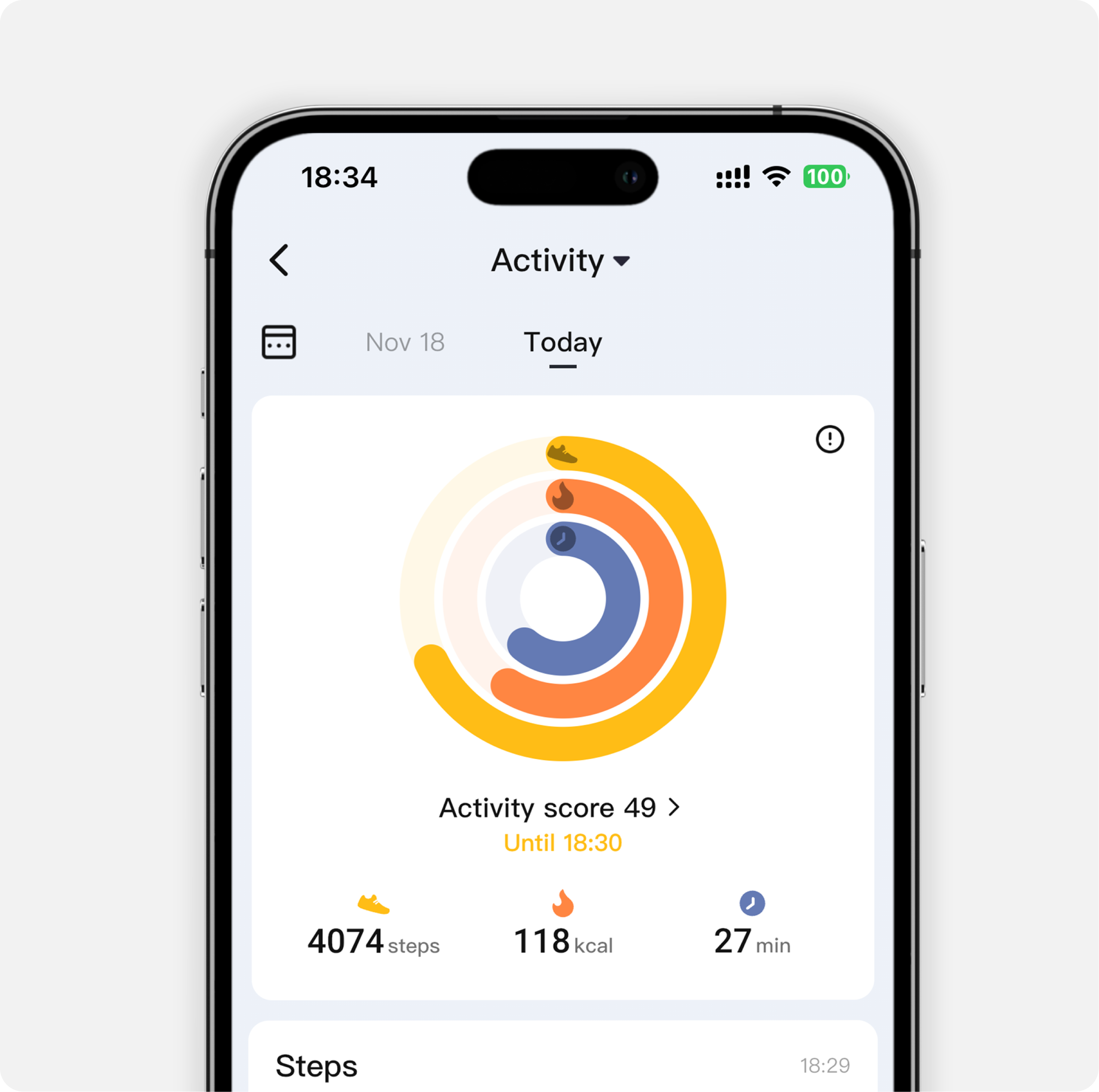 Smartphone app activity tracker interface showing steps, calories burned, and activity score.