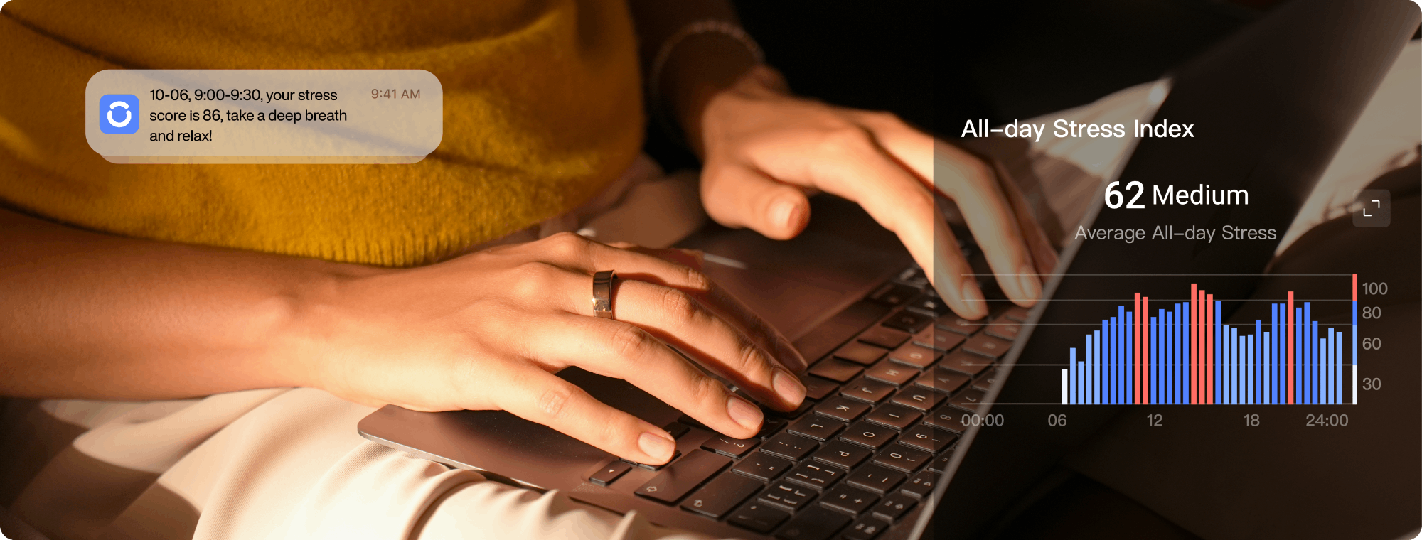 Smart ring user with laptop, stress data displayed, score 86, and relax message. Health tracking.