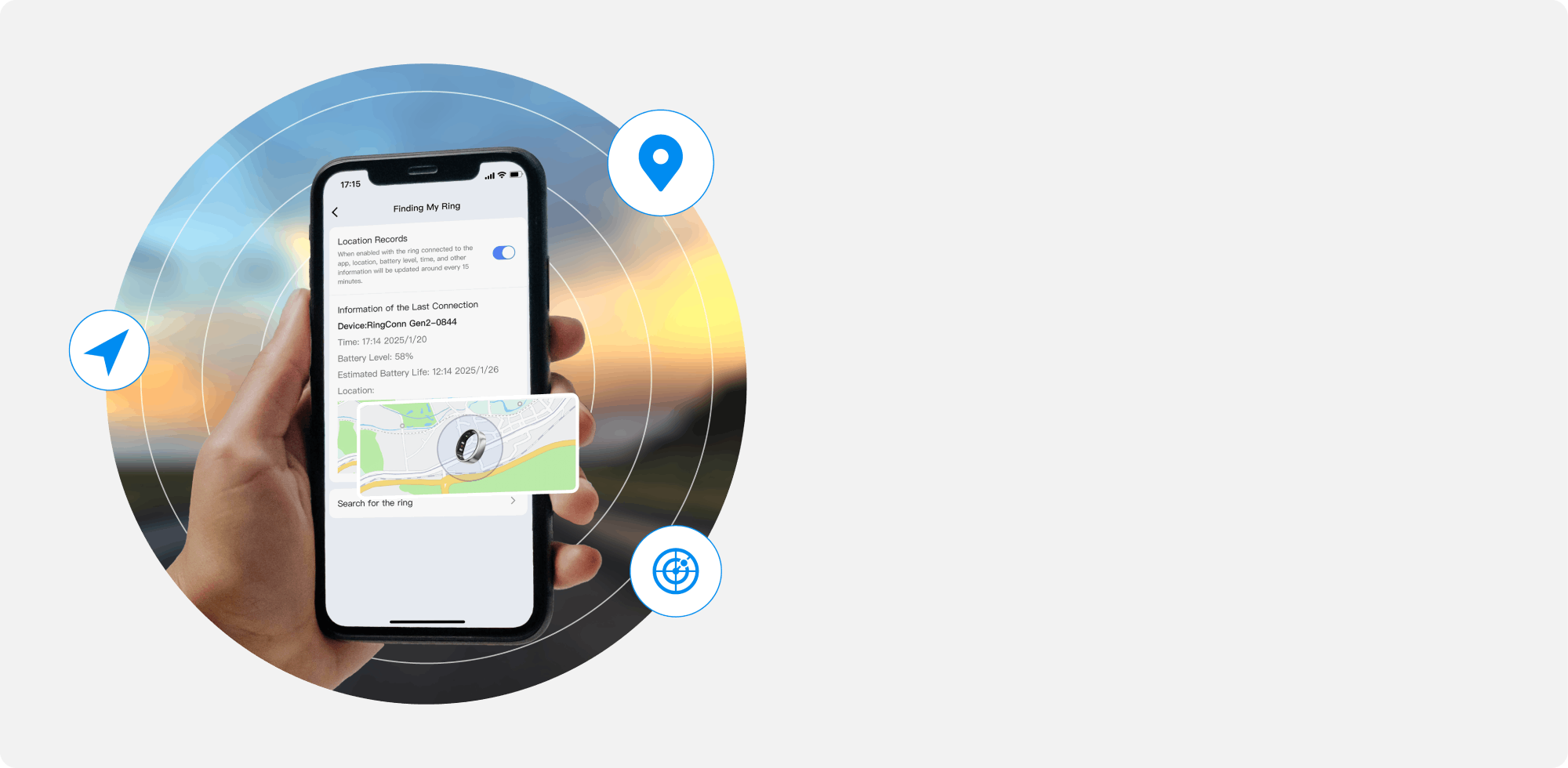 Smartphone app locating smart ring, displaying last connection details, battery level, and time.