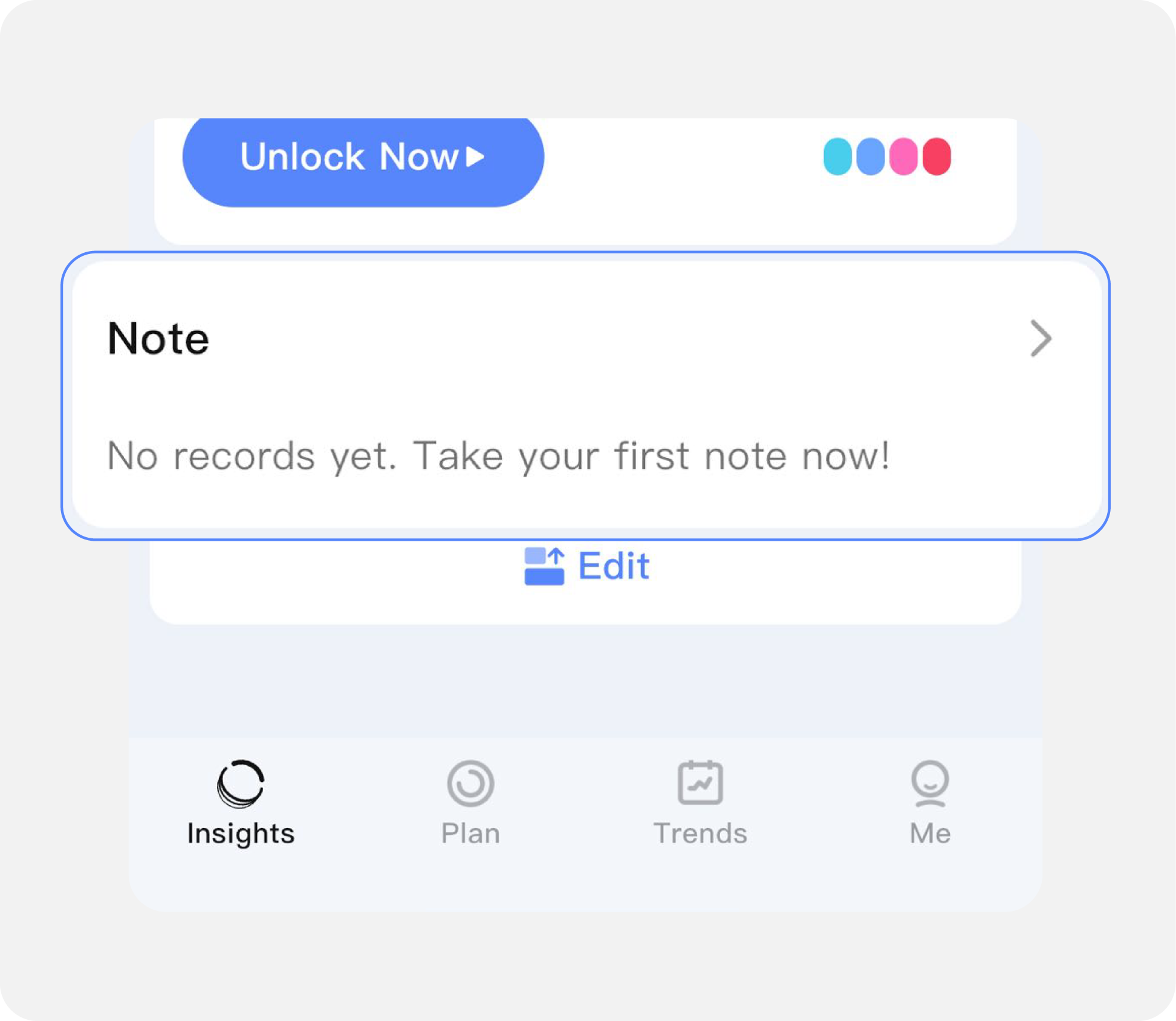 Mobile app note section, with a prompt to add a note and navigation options for health data.