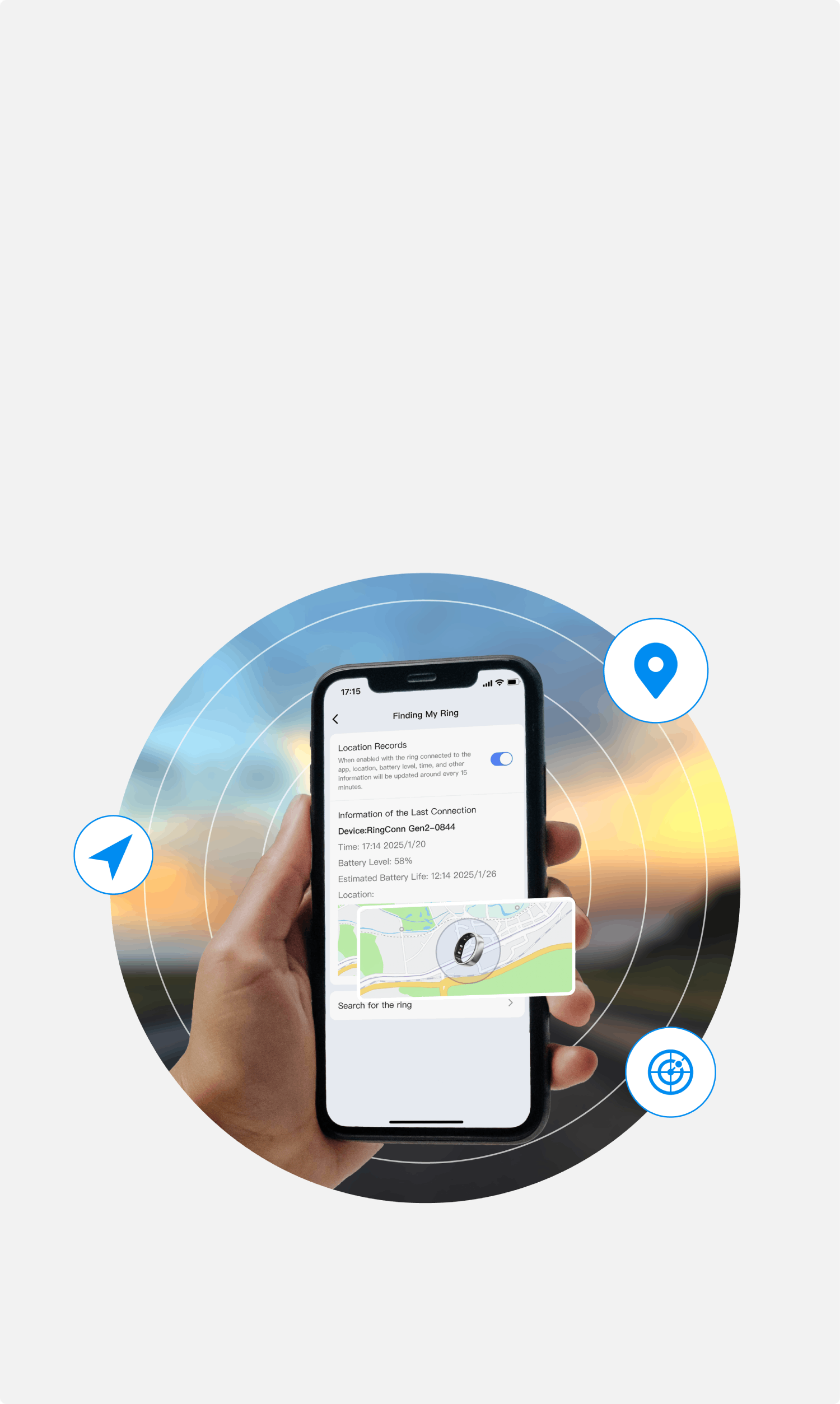 Smart ring location tracking on smartphone app, with battery level and last connection details displayed.