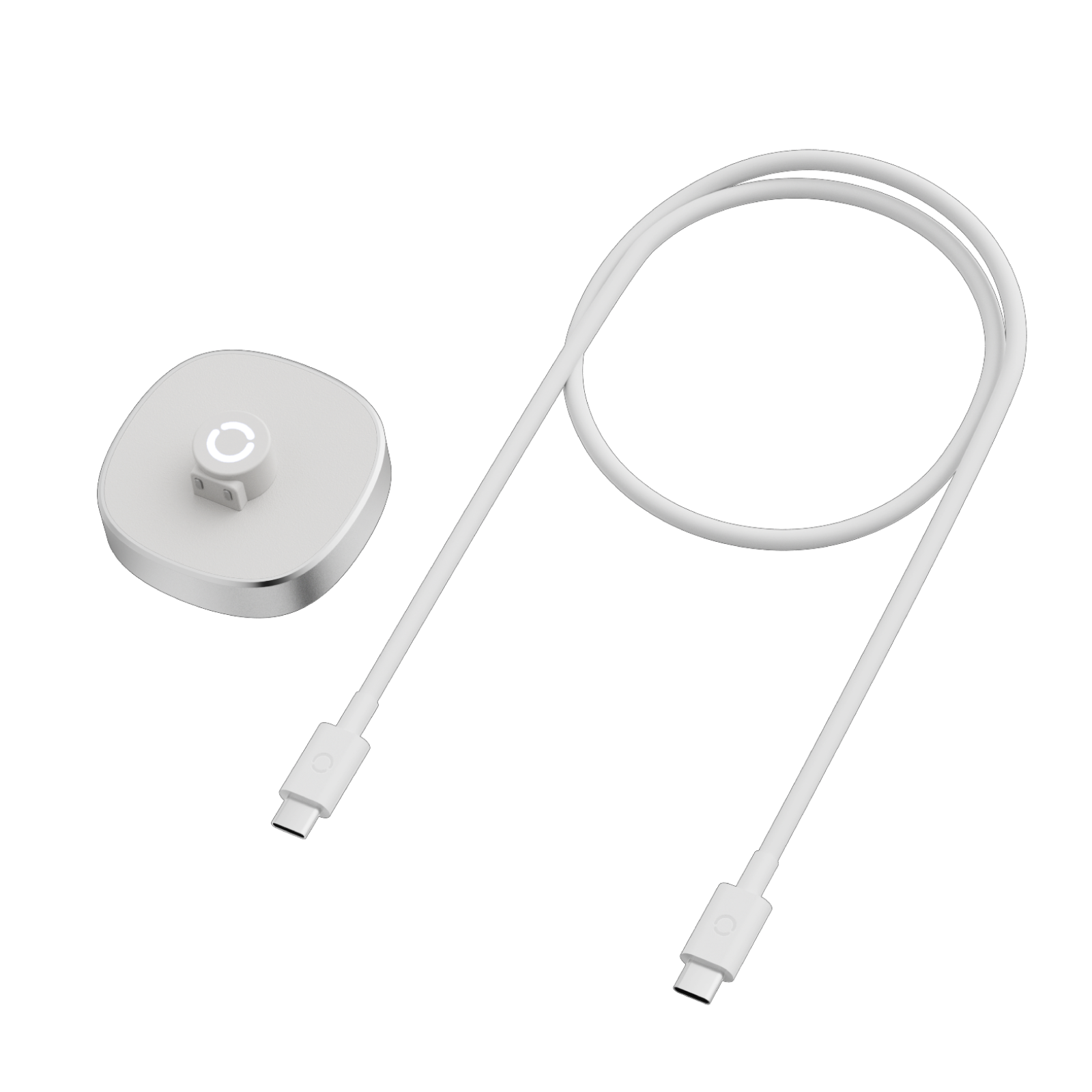 White charging dock and USB-C cable for smart ring, magnetic charging for effortless use and 24/7 sleep tracking support.