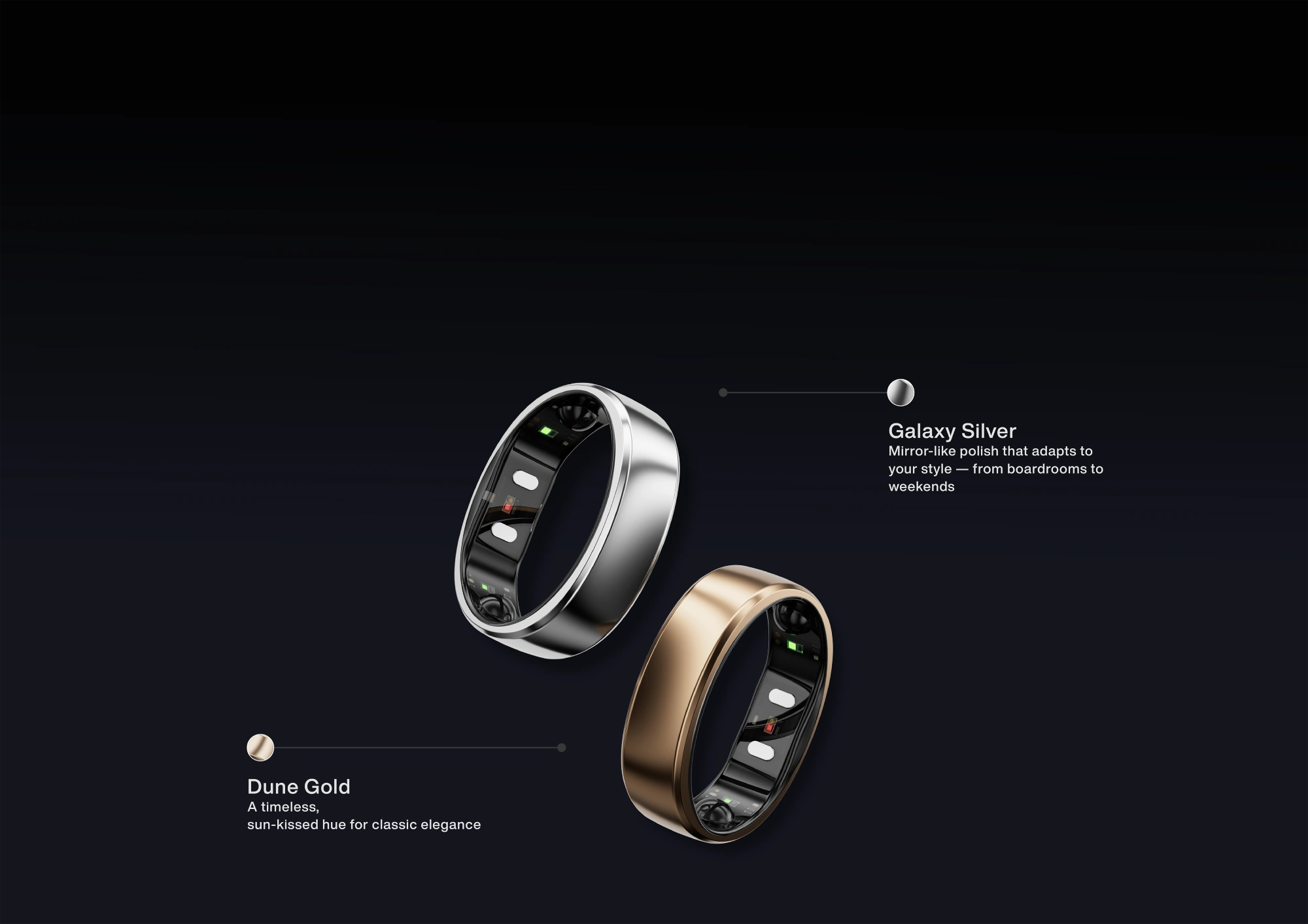 Smart rings in Dune Gold and Galaxy Silver, elegant designs for all occasions.