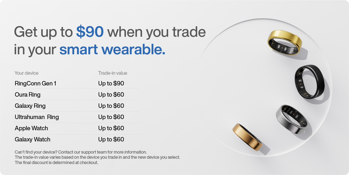 Smart rings trade-in program: Get up to $90 off, gold, black, and silver wearable designs.