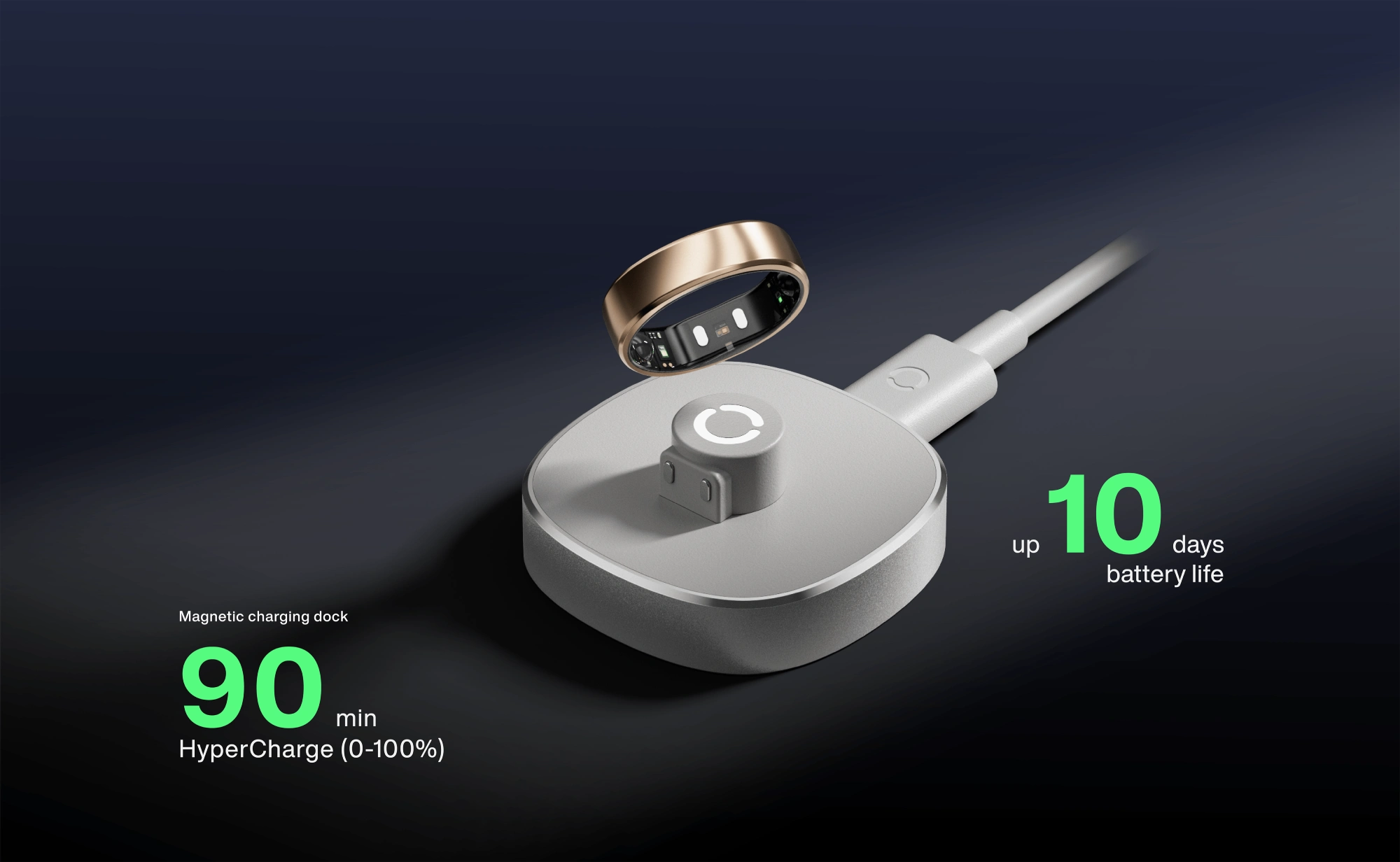 Gold smart ring with magnetic charging dock, up to 10 days battery life and 90 min HyperCharge.